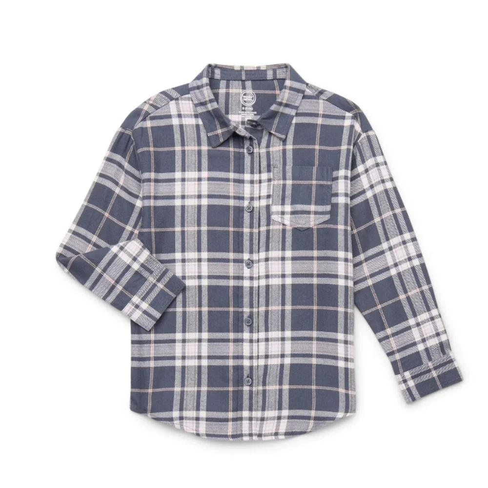 Girls Long-Sleeve Navy Plaid Button-Up Shirt